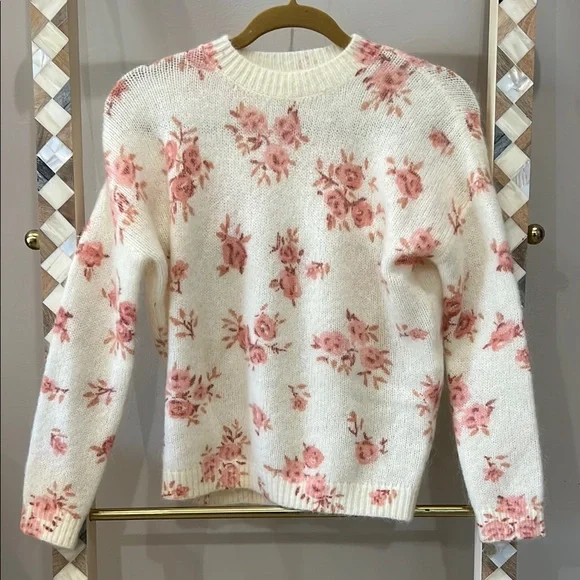 Sezane Cream Floral Knit Sweater with Pink Roses - Picture 2 of 6